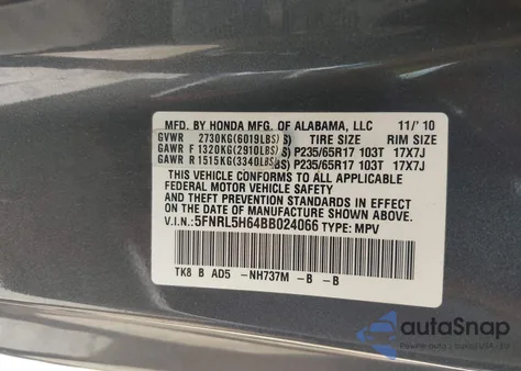 2011 Honda Odyssey Ex-L z USA, uszkodzony, nr VIN 5FNRL5H64BB024066
